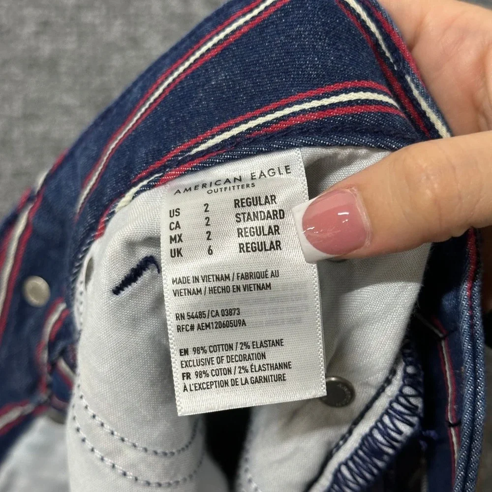 American Eagle Skirt Womens Size 2 Blue Red White Striped Denim Raw Hem Mini